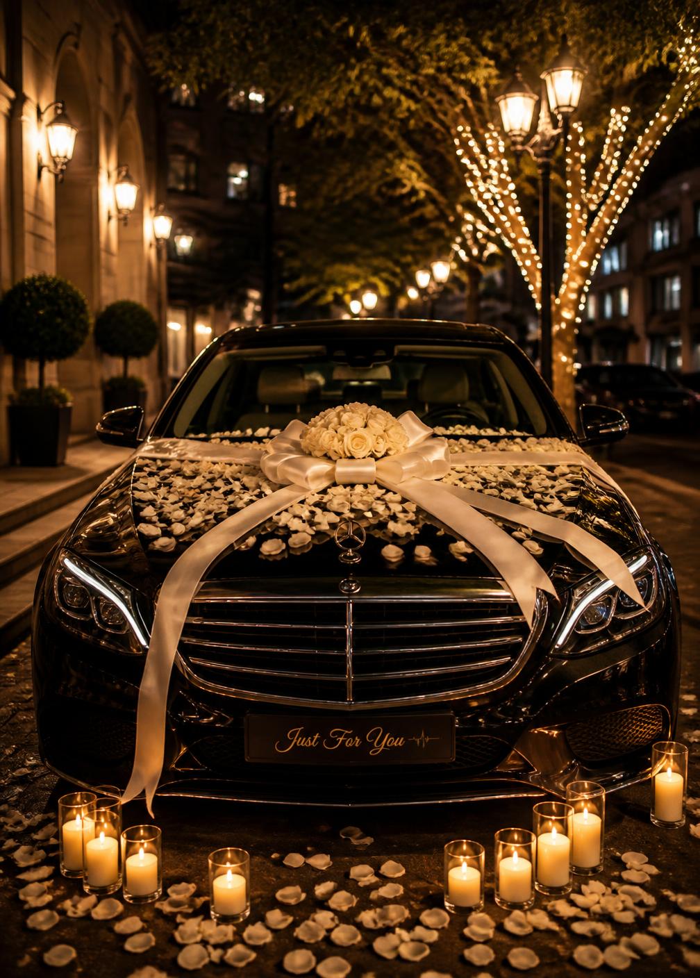 Luxury car decorated with white roses, ribbon and candles at night